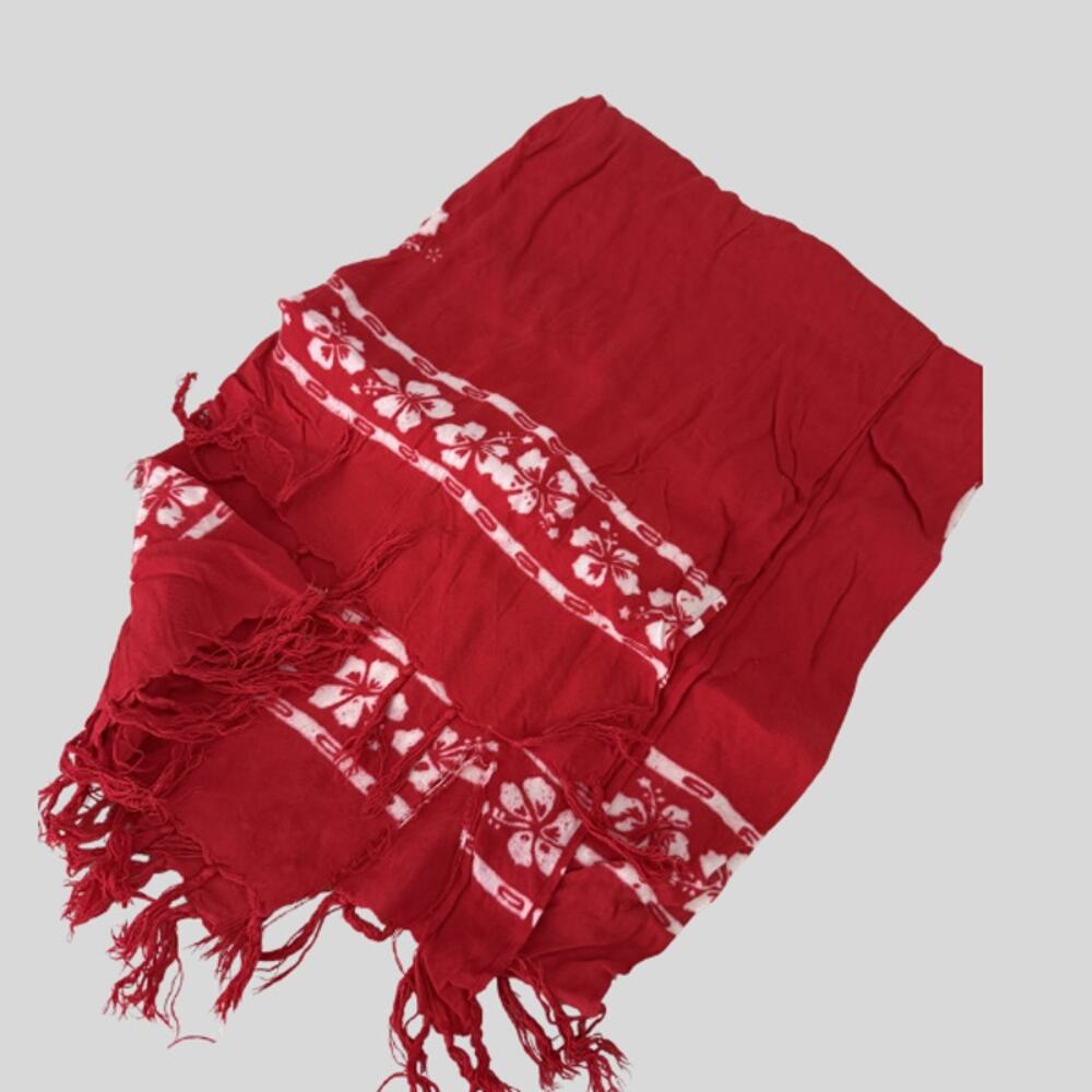 Red Hibiscus Print Beach Sarong Wrap Scarf Fringe Boho Cover-Up One Size
